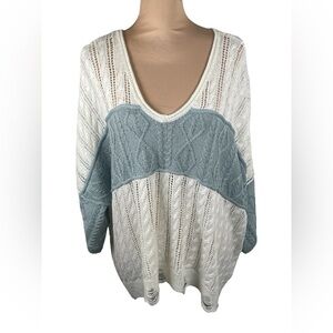 SOLD Anthropologie‎ POL Sweater Colorblock Blue Ivory V-Neck Cable Knit Distress